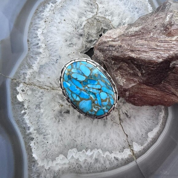 Sterling Southwestern Style Large Oval Blue Copper Turquoise Ring 9.25 For Women - Picture 2 of 10